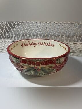 Fitz & Floyd Damask Holiday Serving Bowl Christmas Red Embossed 10” Ceramic